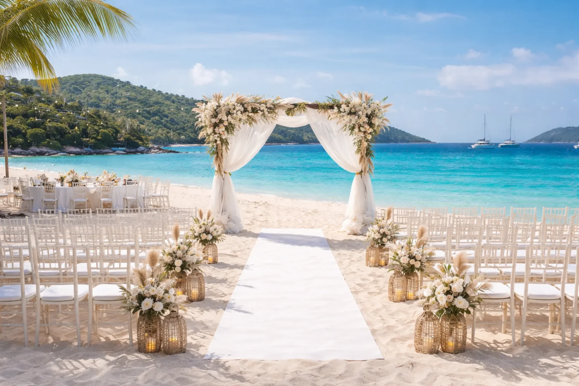 All-inclusive beach wedding setup in St. Thomas with a floral arch, white aisle runner, chairs, and lantern décor overlooking turquoise water.