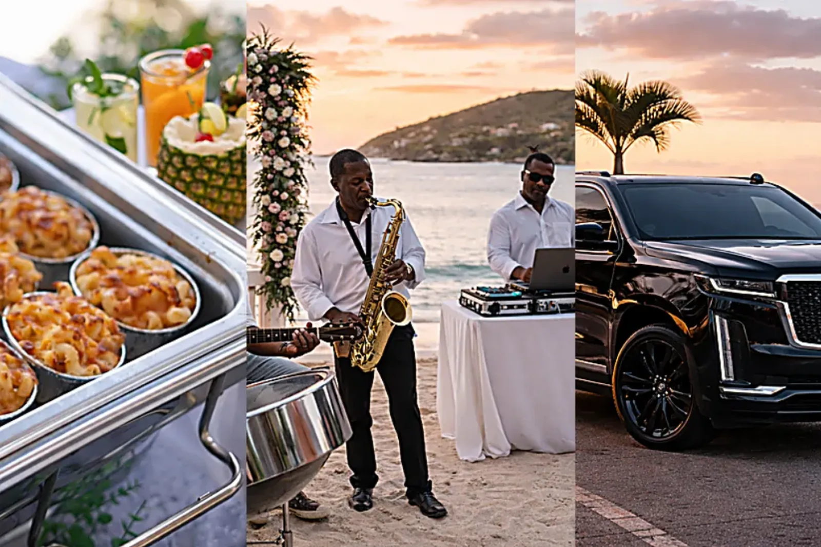 Collage of wedding amenities including a beach wedding cake, appetizers, live saxophone music, luxury SUV transportation, and bridal hair styling